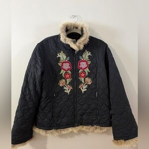 M. Miller Black Quilted Puffer Floral Embroidered Fox Fur Women’s size large
